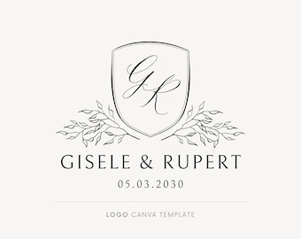 Wedding crest design, Wedding logo, Monogram logo, Canva template, Wedding monogram, Couples names logo, Custom monogram, Floral shield logo