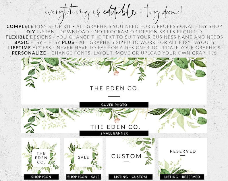 Etsy shop design, Set etsy banner, Etsy shop kit template, Watercolor greenery banner for Etsy, Etsy store banner, DIY Etsy banner set image 2