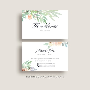 Feminine business card template Canva, Watercolor flowers, Floral business card, Nature organic branding, Boho business, Natural business