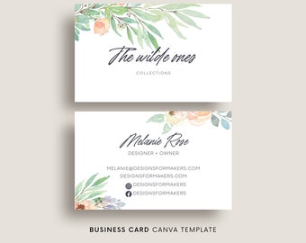 Feminine business card template Canva, Watercolor flowers, Floral business card, Nature organic branding, Boho business, Natural business
