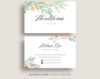May include: A business card template with a watercolor floral design. The text on the card reads "The Wilde Ones Collections" and "Melanie Rose Designer + Owner". The card also includes contact information for Melanie Rose.