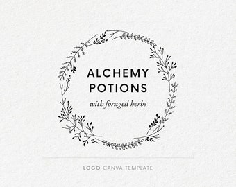 Floral wreath logo, Canva template, Nature botanical branding, Floral line art, Natural eco business, Instant download, Wildflower, Herbs