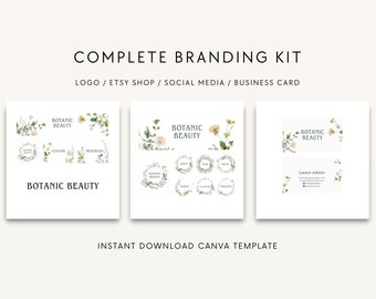 Branding kit canva templates, Branding kit package, Etsy shop kit, Logo design, Business card, Social media kit, Watercolor greenery flowers