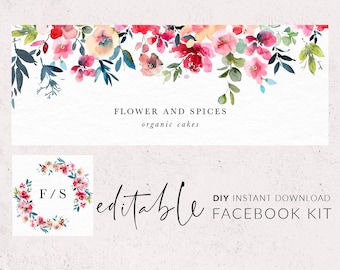 Könnte beinhalten: Editierbares Facebook-Kit für eine Bäckerei namens "Flower and Spices" mit einem Aquarell-Blumendesign. Das Kit enthält ein Logo mit einem Blumenkranz und den Initialen "F/S".