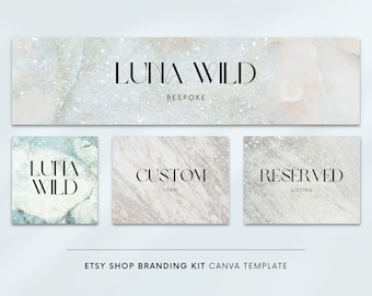 Etsy shop banner, Canva template, Etsy banner, Etsy shop kit, Watercolor banner set, Blue marble glitter, Mermaid theme, Elegant branding