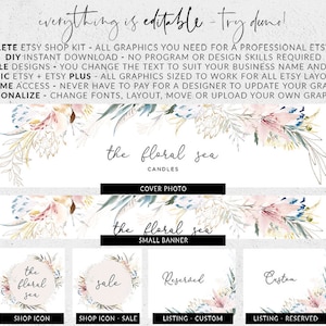 Pode incluir: Um kit digital de loja Etsy com gr&aacute;ficos para um neg&oacute;cio de velas. Os gr&aacute;ficos apresentam um design floral em aquarela com o texto "the floral sea". O kit inclui uma foto de capa, uma pequena faixa, um &iacute;cone de loja, um &iacute;cone de venda, uma lista para um pedido personalizado e uma lista para um pedido reservado.