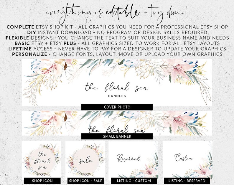Pode incluir: Um kit digital de loja Etsy com gr&aacute;ficos para um neg&oacute;cio de velas. Os gr&aacute;ficos apresentam um design floral em aquarela com o texto "the floral sea". O kit inclui uma foto de capa, uma pequena faixa, um &iacute;cone de loja, um &iacute;cone de venda, uma lista para um pedido personalizado e uma lista para um pedido reservado.