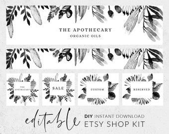 Black and white etsy banner, Etsy branding kit, Etsy shop graphics, Floral watercolor banner, Botanical banner, Cover image, Shop banner