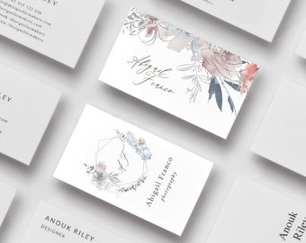 May include: Two business cards with a floral design. The top card has the name Abigail Franco written in cursive. The bottom card has a geometric frame with the initials AF and a floral design. The text on the bottom card reads Abigail Franco Photography.