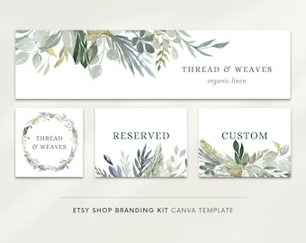 Banner da loja Canva Etsy, kit da loja Etsy, ícone gráfico da loja Etsy, modelo de banner, banners editáveis, banners Etsy DIY, vegetação em aquarela