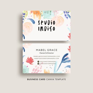 Biglietto da visita ad acquerello, modello Canva, branding per piccole imprese, arte astratta creativa, divertente branding creativo, floreale sfuso, logo dell'artista