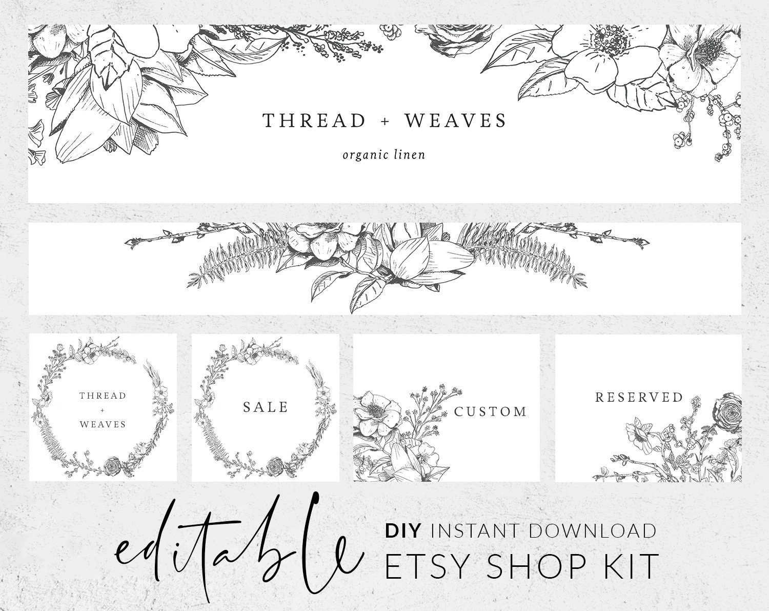 Etsy shop banner, DIY Etsy banner, Floral banner set, Botanical line art,  Minimalist branding, Etsy banner and icon, Templett etsy banners Throughout Etsy Banner Template