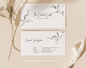May include: A business card template with a floral design. The card features the text "The Orchid Label" and "ECO ETHICAL WARES". The contact information for Lianne Sampson is listed below, including her email address, phone number, website, and Instagram handle.