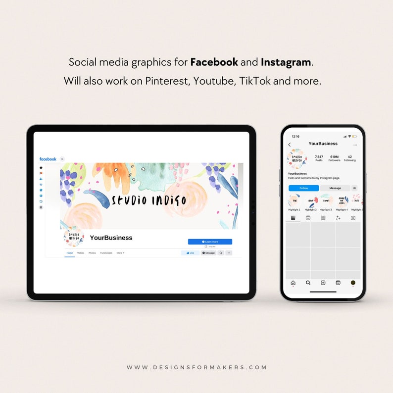 K&ouml;nnte beinhalten: Eine Social-Media-Banner-Vorlage mit einem farbenfrohen abstrakten Aquarelldesign mit dem Text "Studio Indigo" und "YourBusiness". Das Banner wird auf einem Tablet-Bildschirm angezeigt.