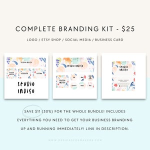 K&ouml;nnte beinhalten: Ein Branding-Kit f&uuml;r ein Unternehmen namens Studio Indigo. Das Kit enth&auml;lt ein Logo, Grafiken f&uuml;r soziale Medien und eine Visitenkarte. Das Design zeigt ein Aquarell-Blumenmuster in Rosa-, Blau- und Gr&uuml;nt&ouml;nen.