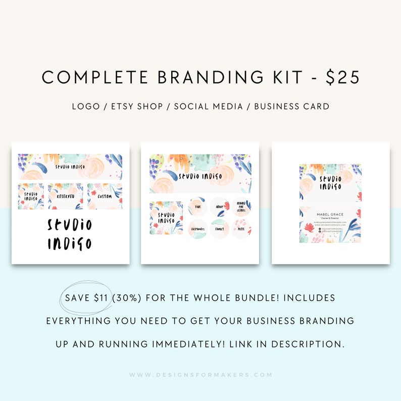 K&ouml;nnte beinhalten: Ein Branding-Kit f&uuml;r ein Unternehmen namens Studio Indigo. Das Kit enth&auml;lt ein Logo, Grafiken f&uuml;r soziale Medien und eine Visitenkarte. Das Design zeigt ein Aquarell-Blumenmuster in Rosa-, Blau- und Gr&uuml;nt&ouml;nen.
