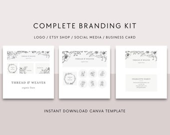 Branding kit canva templates, Branding kit package, Etsy shop kit, Logo design template, Business card, Social media kit, Floral line art