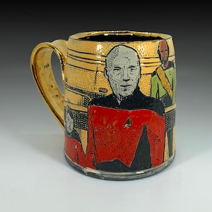 USS Enterprise Star Trek Picard Cup with Gold starfleet lapel and handle