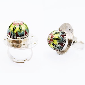 Ring, Flowers, Cloisonne Enamel, Handmade, Unique, Sterling Silver 925