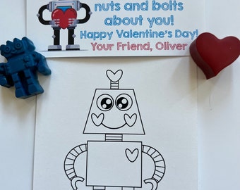 Valentine’s Day Robot Card with Robot and Heart Crayon for Classroom Exchange Kid's Gift from Teacher by CrayonsRecycled