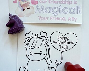 Valentines Day unicorn Card with unicorn and Heart Crayon for Classroom Exchange Kid's Gift from Teacher by CrayonsRecycled