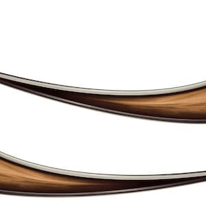 May include: Two abstract, crescent-shaped objects with a wood-grain interior and a metallic, silver-colored border. The objects are set against a white background, creating a modern and minimalist design. The shapes are curved and elongated, with a sharp, pointed end.