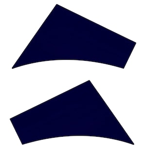 May include: Two navy blue, abstract shapes with a curved edge and a rectangular base are displayed against a white background. The shapes are similar in size and orientation, suggesting a design element or pattern.