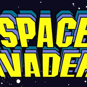 May include: A retro arcade game title card with the text "SPACE INVADERS" in yellow letters with blue outlines. The text is layered and appears to be 3D. The background is a dark blue with white stars. The Taito logo is in the top left corner.