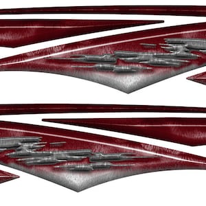 May include: Two red and silver vinyl decals with a stylized design. The decals have a wood grain pattern and a silver metallic accent.