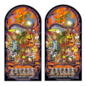 May include: Two arcade-style graphic panels featuring a collage of classic video game characters. The panels have a black arched border with a vibrant orange, blue, and yellow background. The text "ARCADE CLASSICS" is displayed at the bottom.