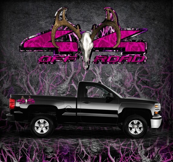 Pair Of Pink Camouflage Truck Bed Stickers – 4x4 Off-Road Decals T-11, Glossy Vinyl, Universal Fit