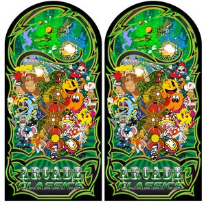 May include: A pair of arcade cabinet side art panels featuring a colorful collage of classic video game characters, including Pac-Man, Donkey Kong, Mario, and more. The panels are green and black with the text "Arcade Classics" at the bottom.