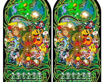May include: A pair of arcade cabinet side art panels featuring a colorful collage of classic video game characters, including Pac-Man, Donkey Kong, Mario, and more. The panels are green and black with the text "Arcade Classics" at the bottom.
