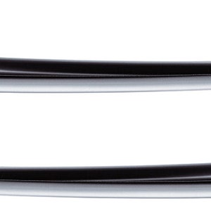 May include: Two curved, metallic, black and silver objects are displayed against a white background. The objects have a sleek, modern design, with a polished, reflective surface. The shape is elongated and slightly curved.