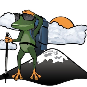 May include: Cartoon illustration of a green frog wearing sunglasses, a backpack, and hiking boots, standing on a mountain. The frog is holding a hiking stick and looking at the sun. Clouds and a sun are in the background.