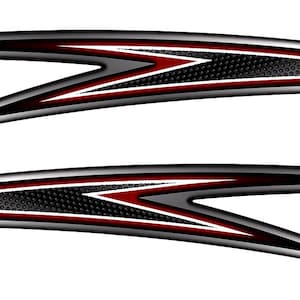 May include: Two black and silver graphic decals with a red stripe and a carbon fiber pattern.