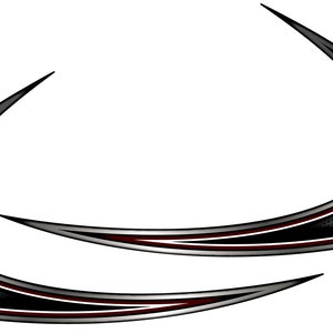 May include: Two black and silver curved graphic designs with red accents. The designs are layered on top of each other.