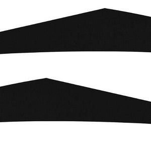May include: Two black, stylized, curved shapes, resembling stylized wings or chevrons, are arranged one above the other against a white background. The shapes are solid black and have a sharp, pointed end.