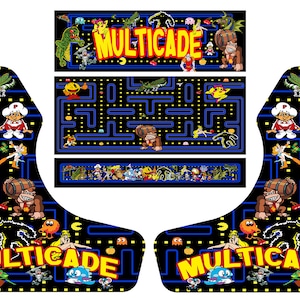 May include: A vibrant arcade cabinet graphic featuring a black background with colorful pixelated characters. The design includes the word "MULTICADE" in yellow and red, along with images of Pac-Man, Donkey Kong, and other classic arcade game characters.