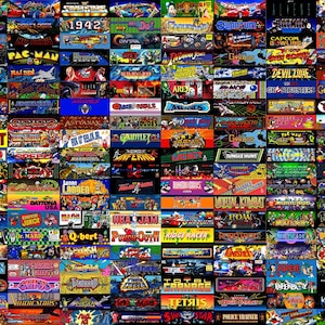 May include: A colorful collage of vintage arcade game titles. The image features a grid of over 100 different game titles, including Pac-Man, Galaga, Donkey Kong, and many more. The titles are displayed in a variety of colors and fonts, and some of them are accompanied by images of the game characters.