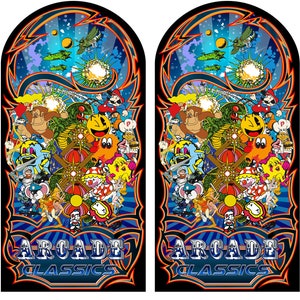 May include: A colorful arcade game-themed design with a black background. The design features a variety of classic arcade game characters, including Pac-Man, Donkey Kong, and Space Invaders. The text "Arcade Classics" is displayed at the bottom of the design.