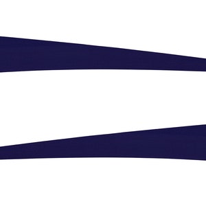 May include: Two navy blue, elongated, triangular shapes are positioned horizontally against a white background. The shapes are wider on the left and taper to a point on the right. The top shape curves slightly upward, while the bottom shape curves slightly downward.