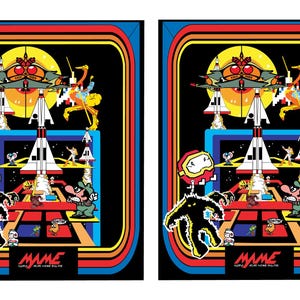 May include: Retro arcade game art featuring a spaceship, characters, and the word "MAME". The design has a black background with a colorful border and a retro aesthetic. The image is a vibrant illustration.