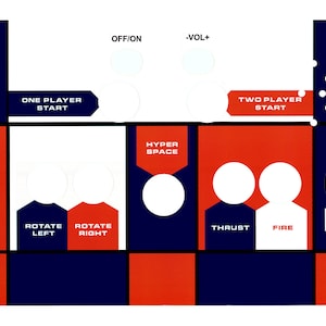 May include: A blue and red control panel with buttons labeled 'One Player Start', 'Two Player Start', 'Off/On', '-Vol+', 'Hyper Space', 'Rotate Left', 'Rotate Right', 'Thrust', and 'Fire'.