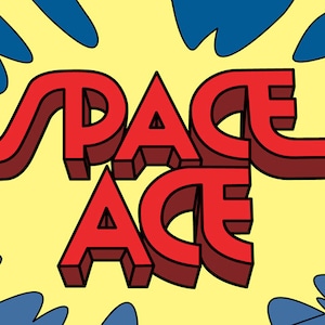 May include: A retro video game arcade cabinet with a yellow and blue background. The title "SPACE ACE" is in red and yellow letters. Two characters in white jumpsuits are shooting at a robot.