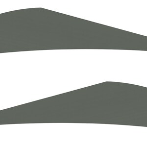 May include: Two gray arrow fletchings, one curved and one triangular, are displayed against a white background. The fletchings are made of a smooth material and are designed to stabilize arrows in flight. Archery equipment.