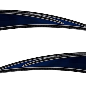 May include: Two curved, navy blue automotive decals with silver and black accents. The decals have a pointed shape and are designed to be applied to a vehicle. The design features a dark blue center with silver and black trim.