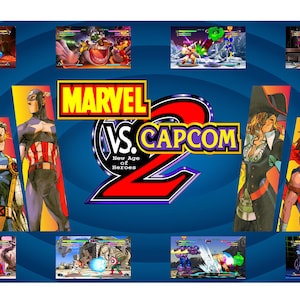 May include: A video game cover art for Marvel vs. Capcom 2: New Age of Heroes. The cover features a blue background with the game title in large, white letters. The characters from the game are shown in smaller images around the title. The game is for the Naomi arcade system.
