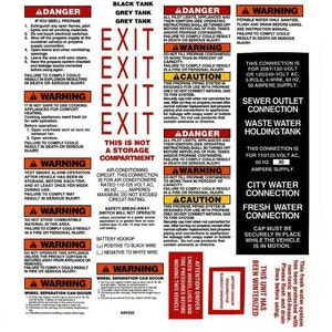 May include: A set of red and white warning labels with black text. The labels include safety instructions for propane tanks, air conditioning units, and water connections. The labels also include warnings about combustible materials and wheel separation.