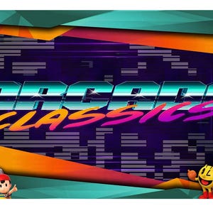 May include: A colorful digital illustration featuring the text "Arcade Classics" in a retro style. The image is surrounded by various video game characters, including Mario, Pac-Man, Donkey Kong, and Sonic the Hedgehog.